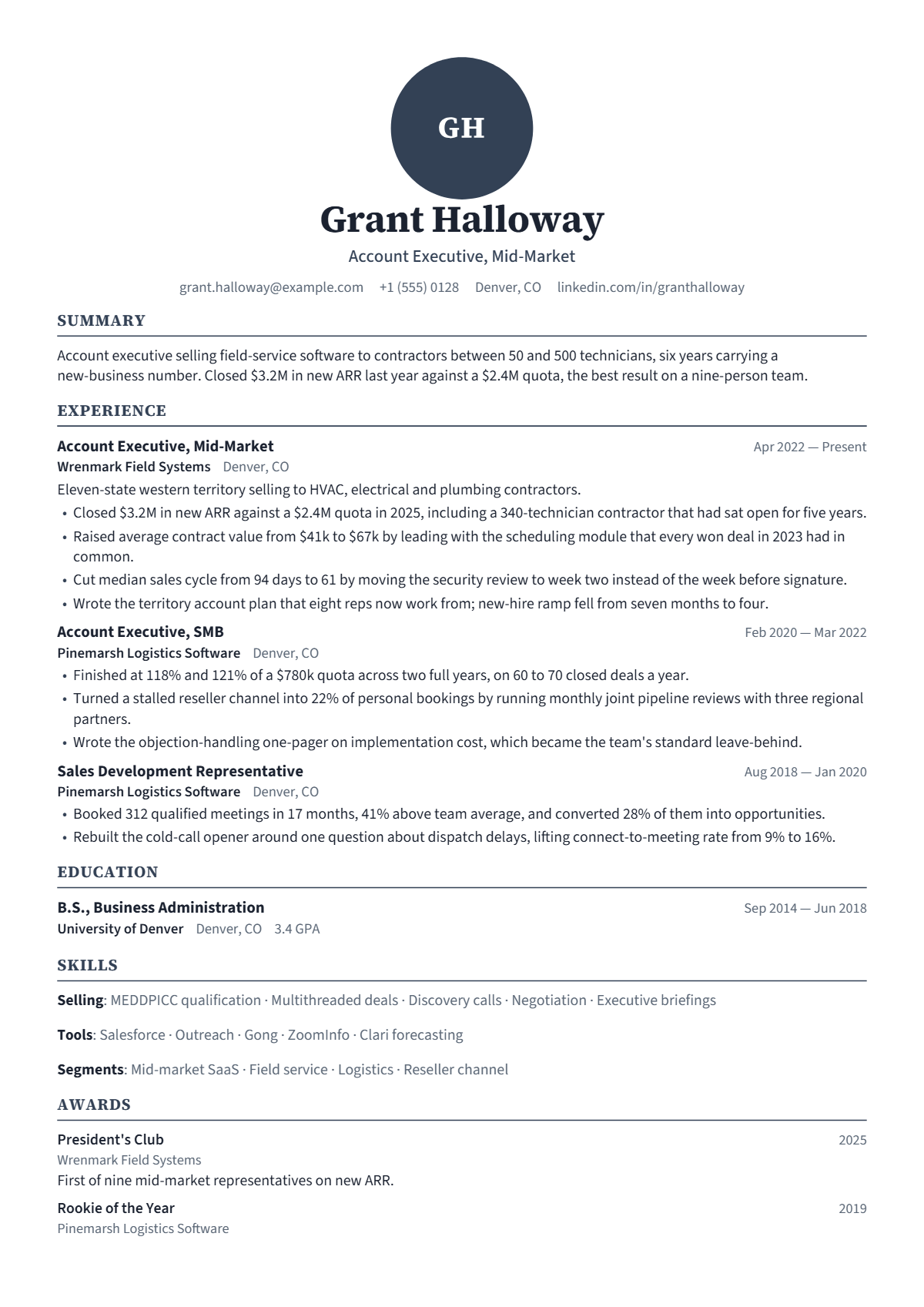 Account Executive résumé example — mid level, written for United States, set in the Emblem design