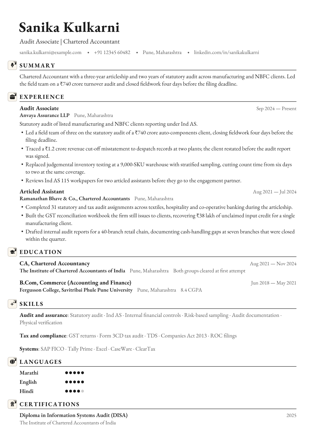 Audit Associate résumé example — entry level, written for India, set in the Garamond design