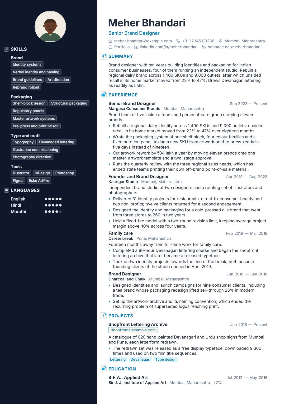 Brand Designer résumé example — senior, written for India, set in the Portrait design