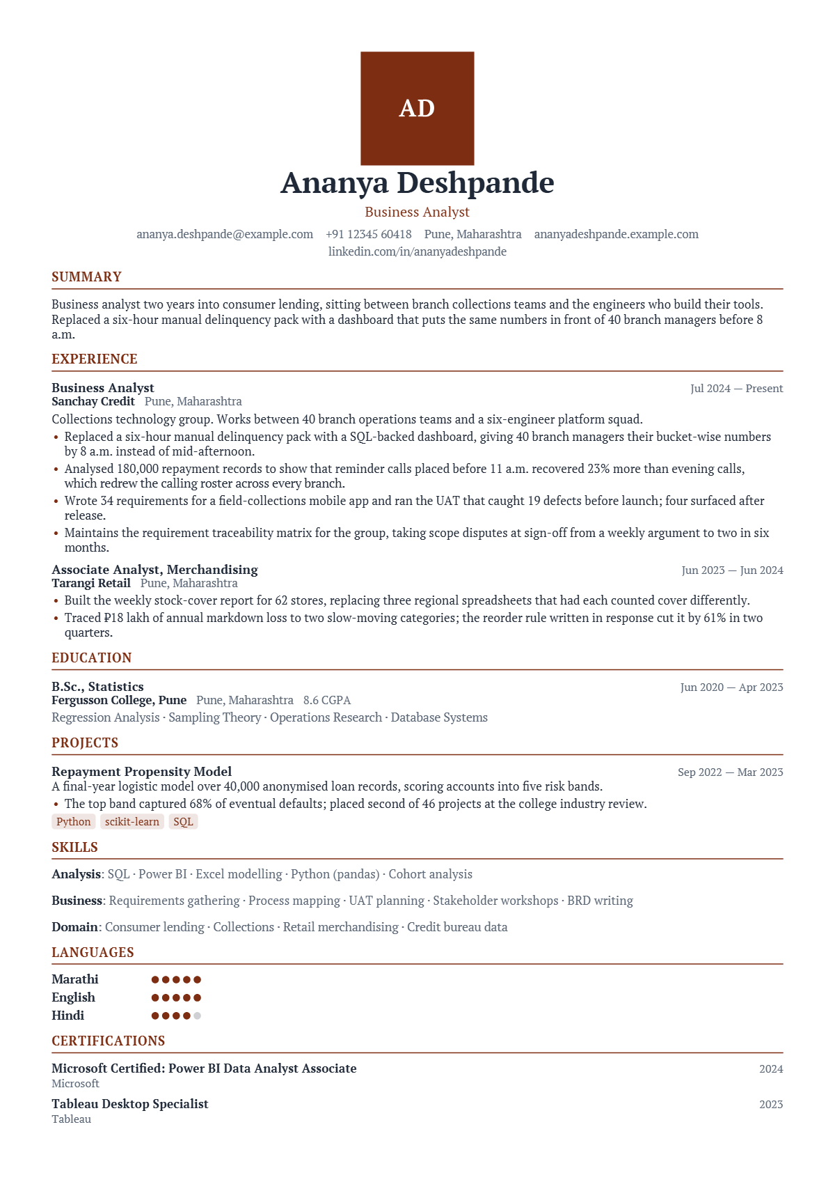 Business Analyst résumé example — entry level, written for India, set in the Crest design