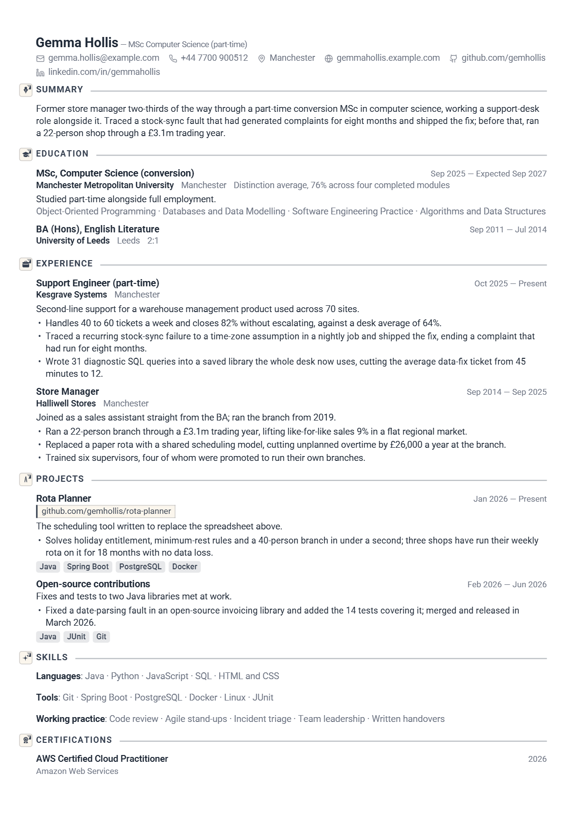 Junior Software Developer résumé example — student, written for United Kingdom, set in the Quartz design