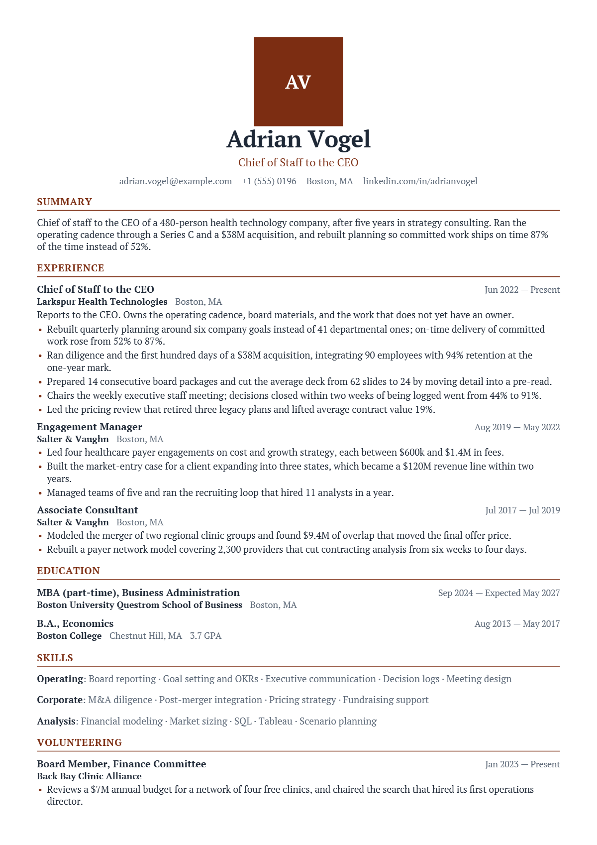 Chief of Staff résumé example — senior, written for United States, set in the Crest design