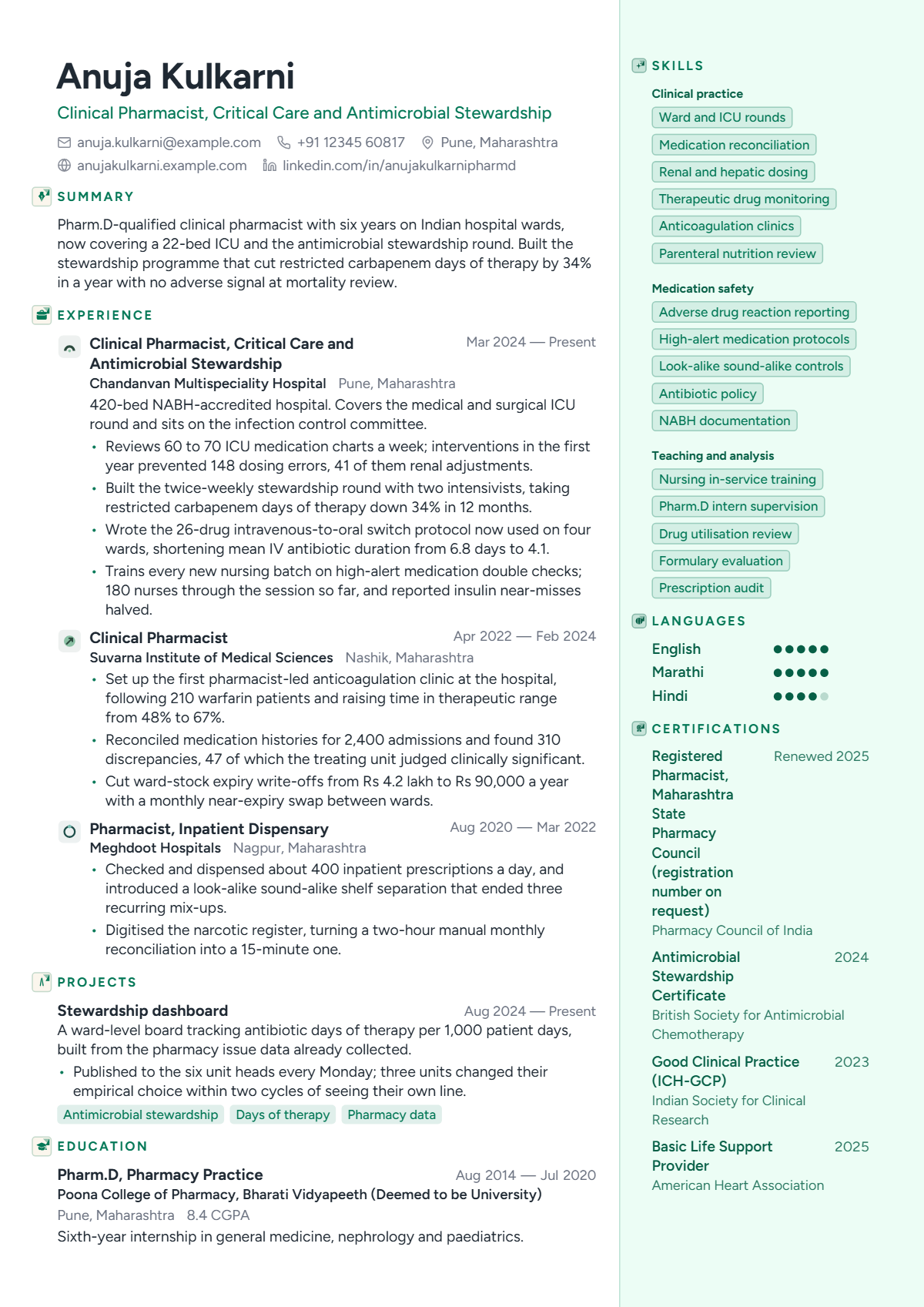 Clinical Pharmacist résumé example — mid level, written for India, set in the Verdant design