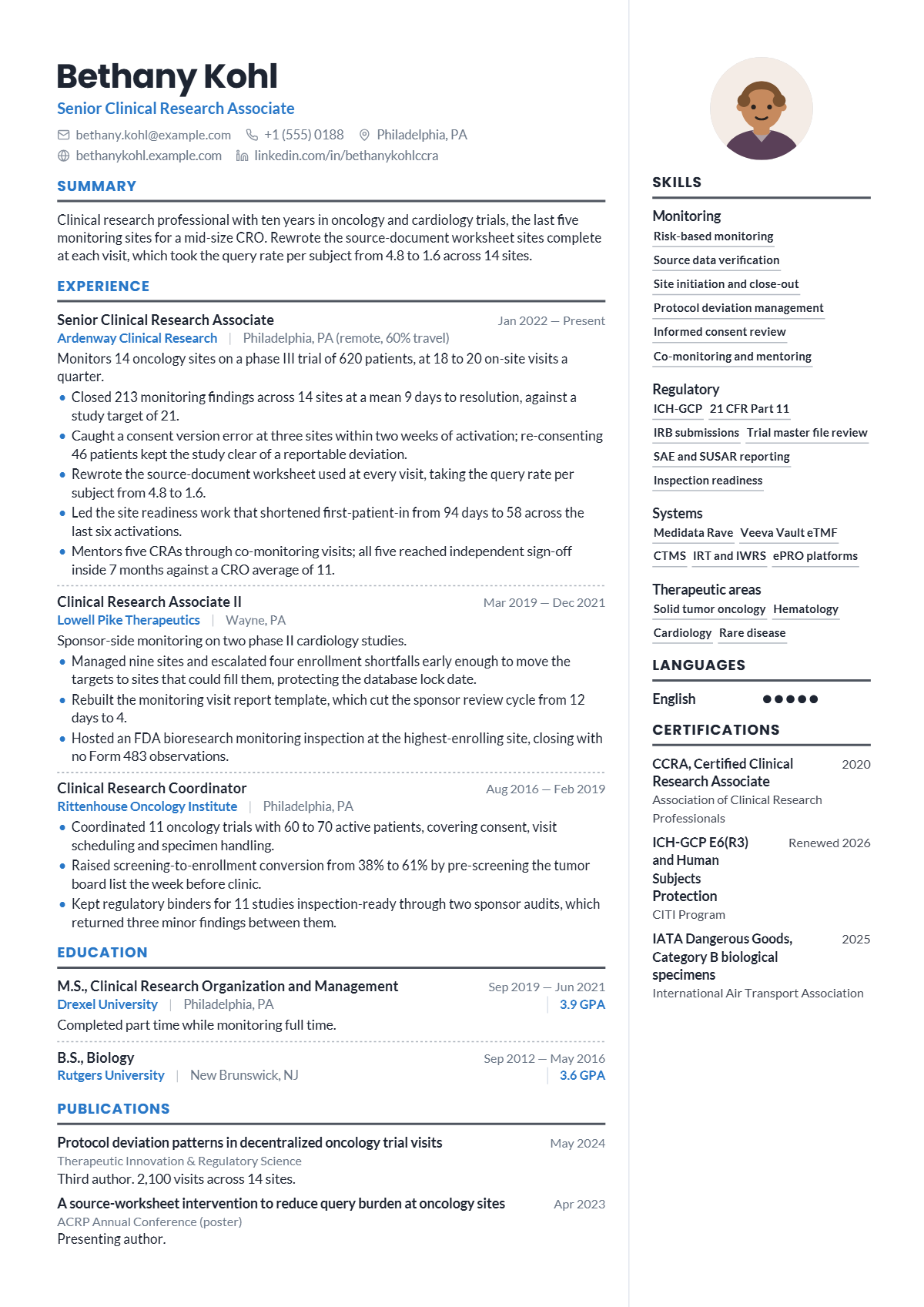 Senior Clinical Research Associate résumé example — senior, written for United States, set in the Clarity design