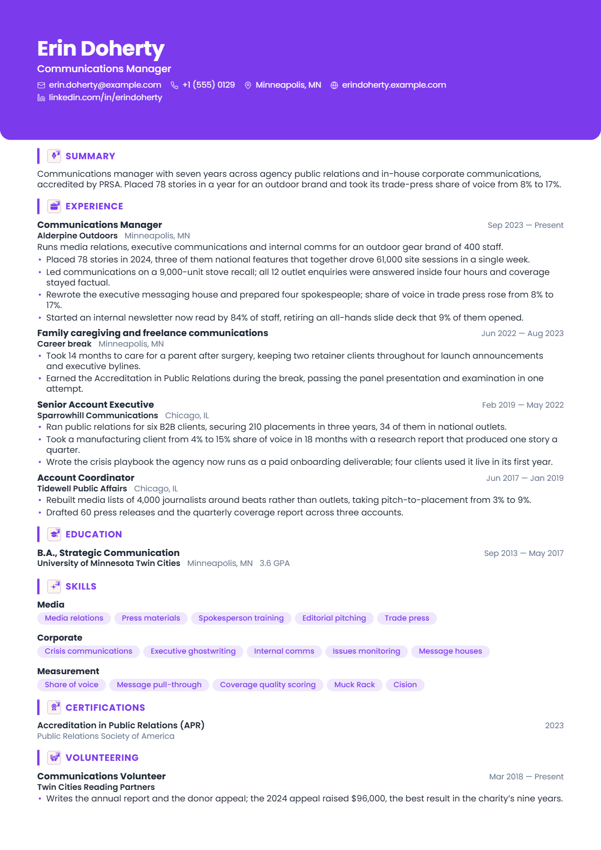 Communications Manager résumé example — mid level, written for United States, set in the Amethyst design
