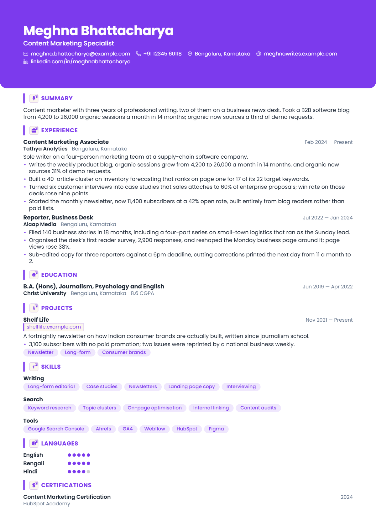 Content Marketing Specialist résumé example — entry level, written for India, set in the Amethyst design