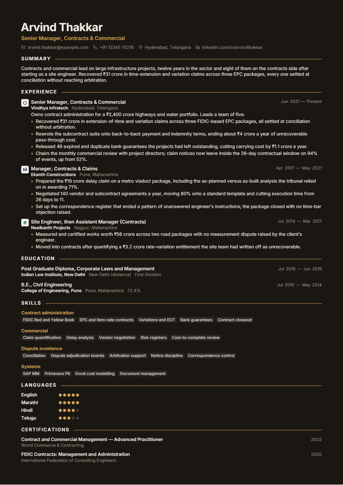 Contracts Manager résumé example — senior, written for India, set in the Onyx Gold design