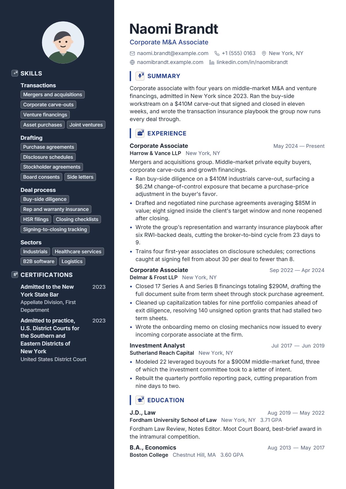 Corporate M&A Associate résumé example — mid level, written for United States, set in the Sapphire design
