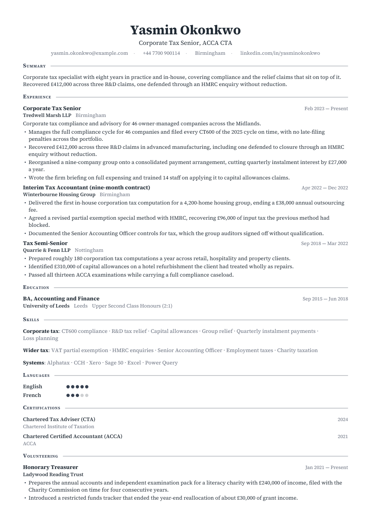 Corporate Tax Specialist résumé example — mid level, written for United Kingdom, set in the Academia design