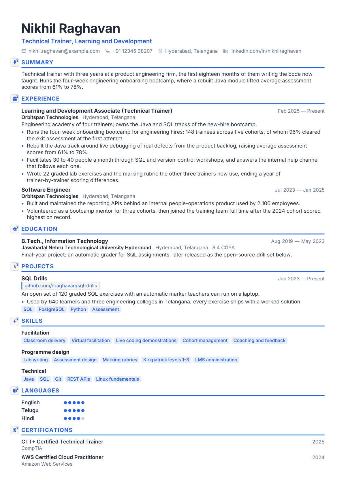 Corporate Trainer résumé example — entry level, written for India, set in the Aria design