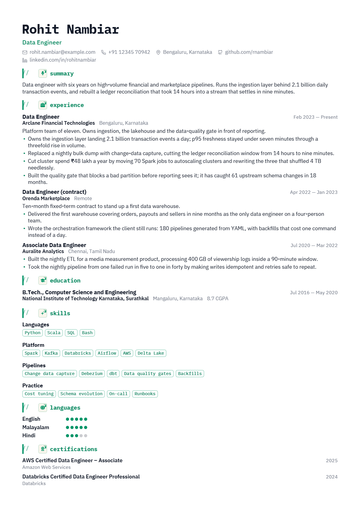 Data Engineer résumé example — mid level, written for India, set in the Terminal design