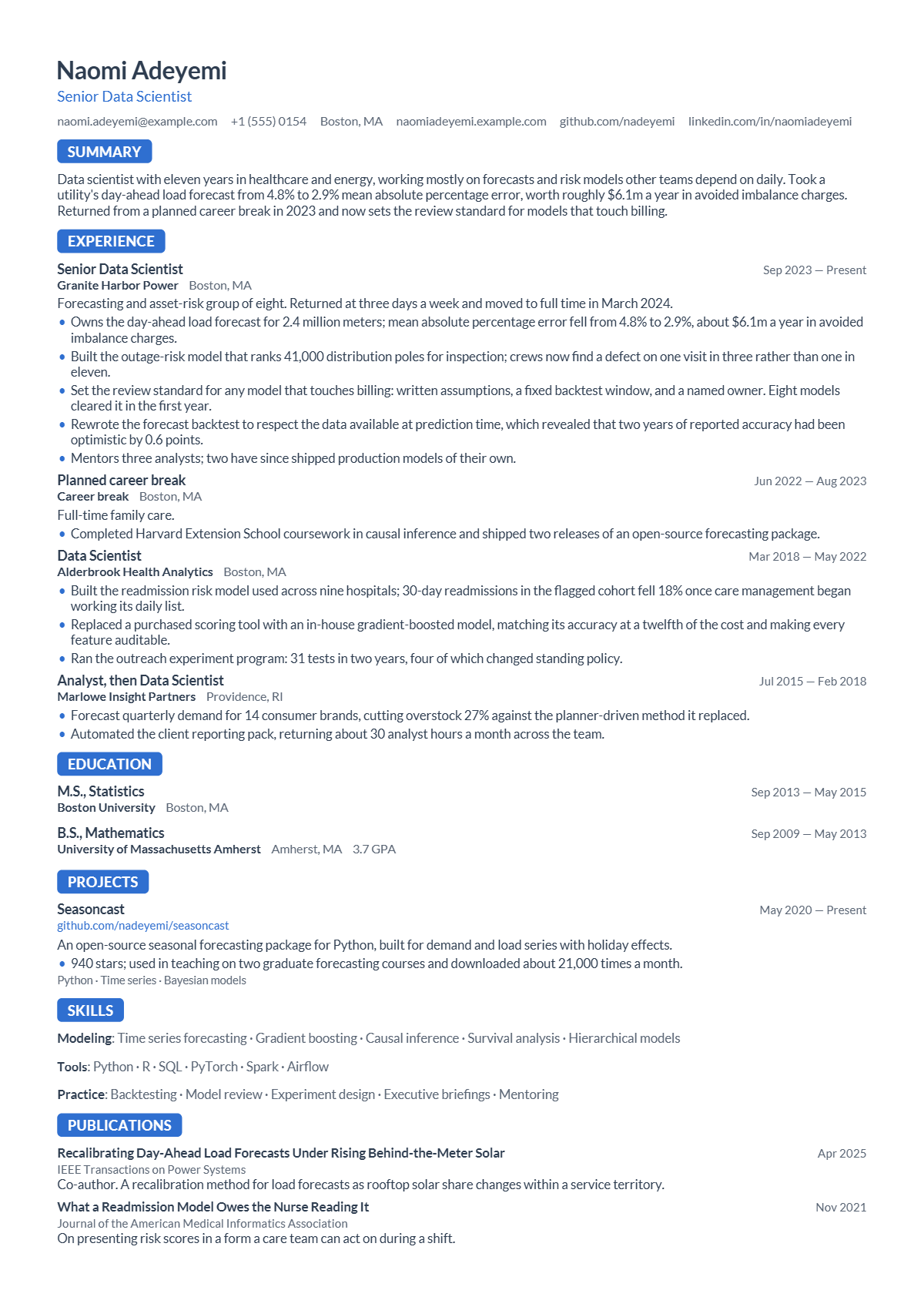 Data Scientist résumé example — senior, written for United States, set in the Marker design