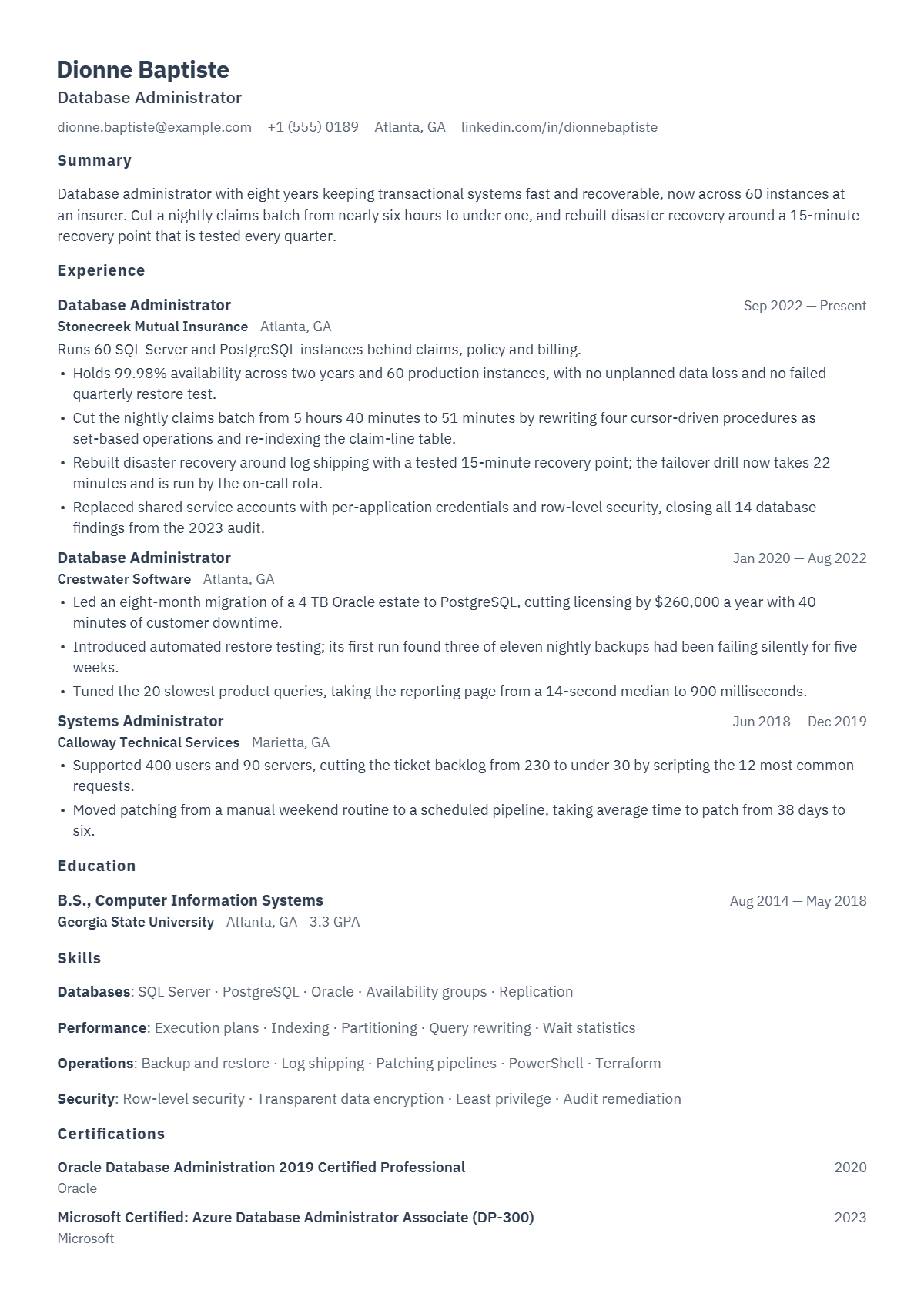 Database Administrator résumé example — mid level, written for United States, set in the Console design