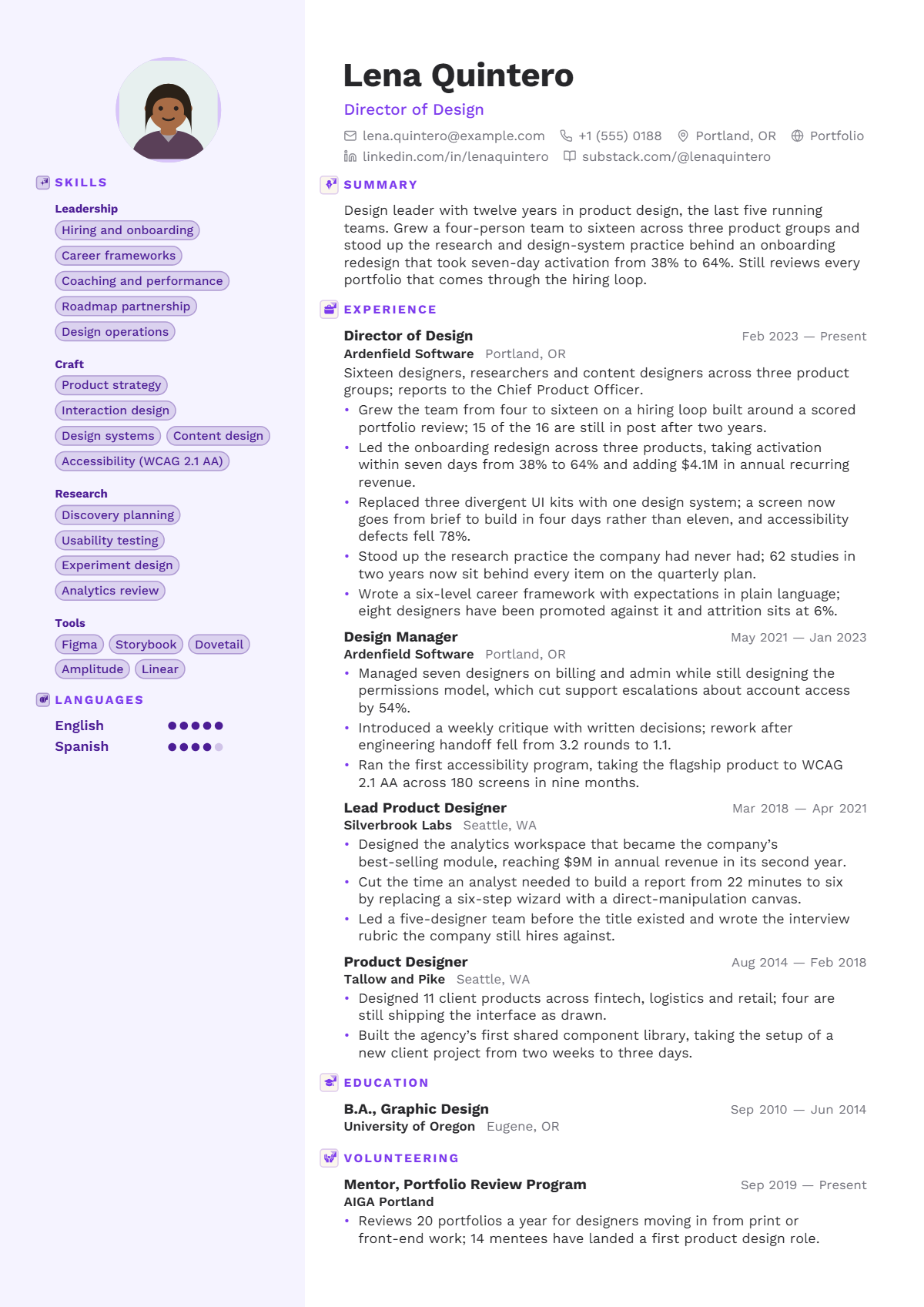 Design Manager résumé example — lead & above, written for United States, set in the Opal design