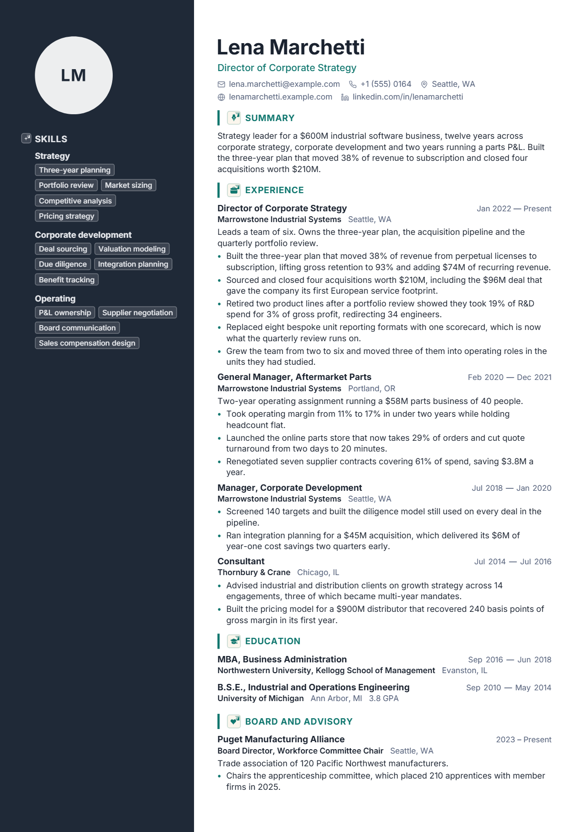 Director of Strategy résumé example — lead & above, written for United States, set in the Pinnacle design