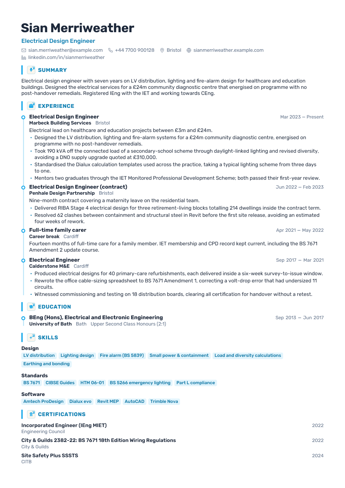 Electrical Design Engineer résumé example — mid level, written for United Kingdom, set in the Vertex design