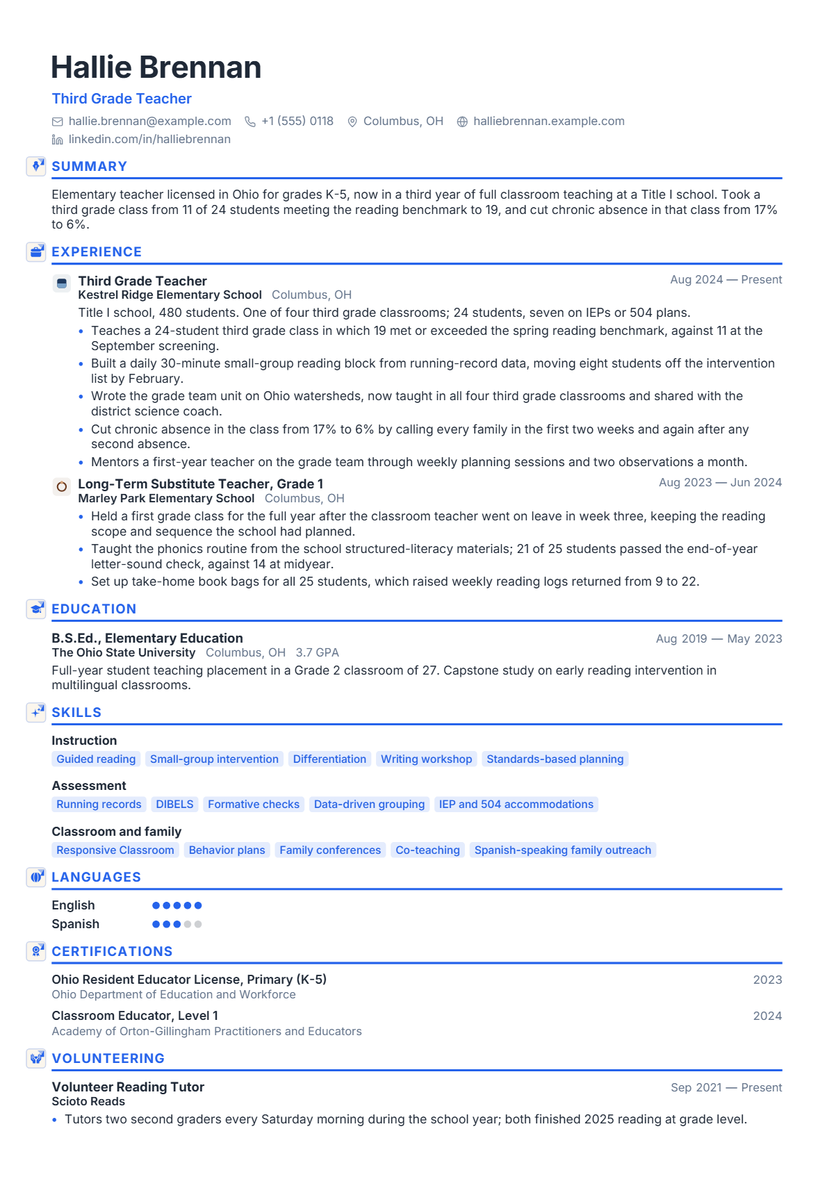 Elementary School Teacher résumé example — entry level, written for United States, set in the Aria design