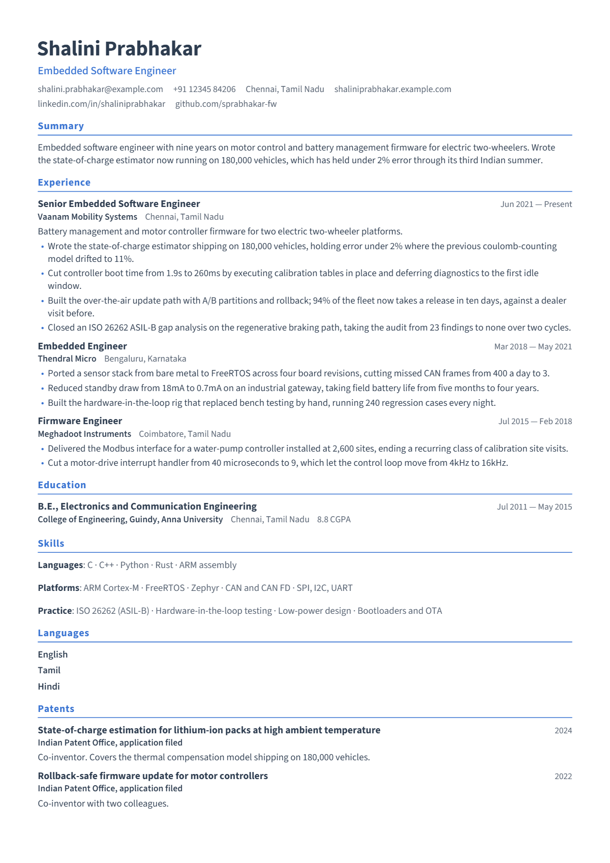 Embedded Software Engineer résumé example — senior, written for India, set in the Beacon design