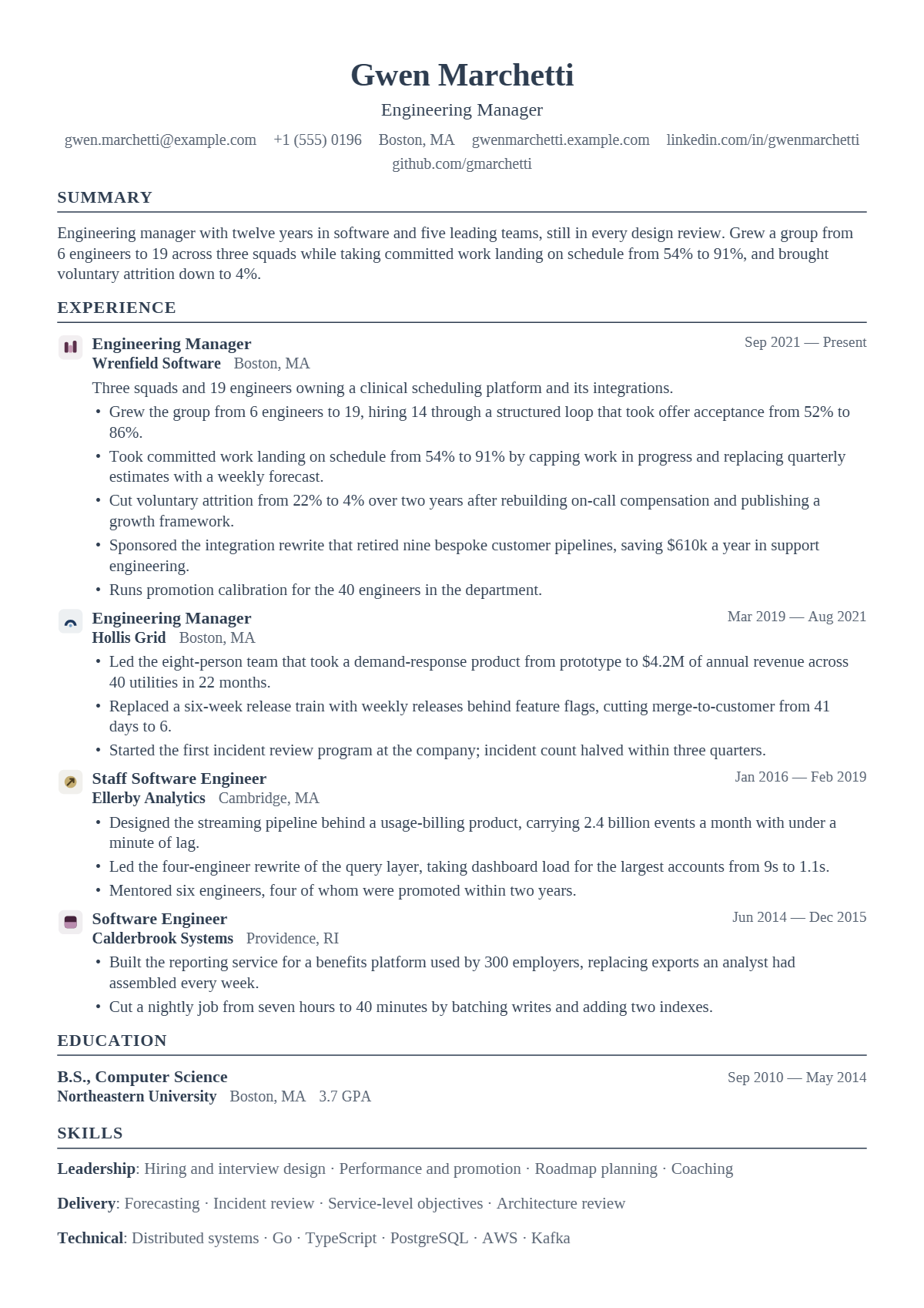 Engineering Manager résumé example — lead & above, written for United States, set in the Scribe design