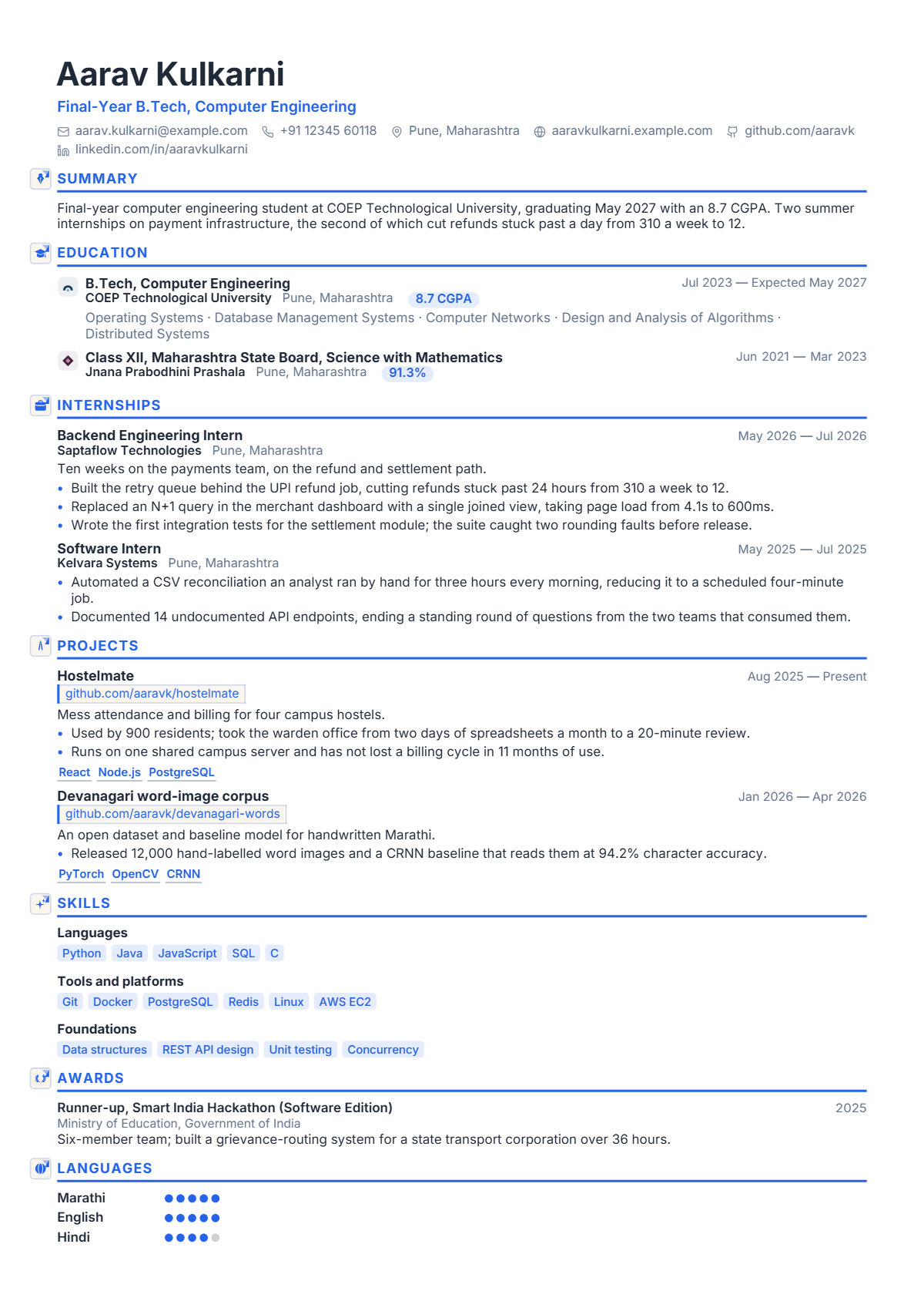 Final-Year Engineering Student résumé example — student, written for India, set in the Aria design
