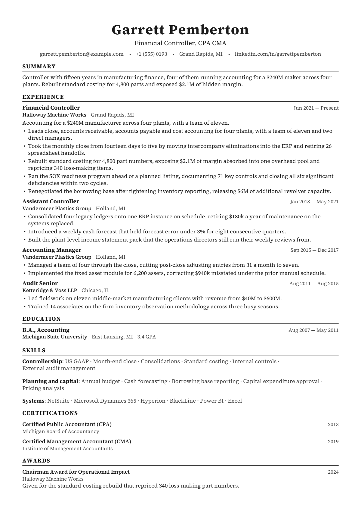 Financial Controller résumé example — senior, written for United States, set in the Harvard design