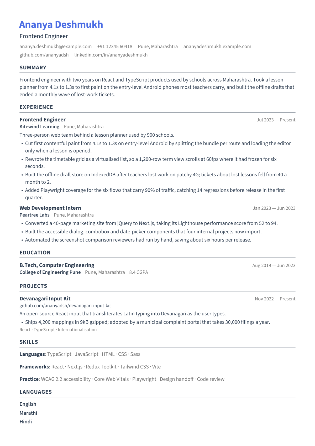 Frontend Engineer résumé example — entry level, written for India, set in the Signal design