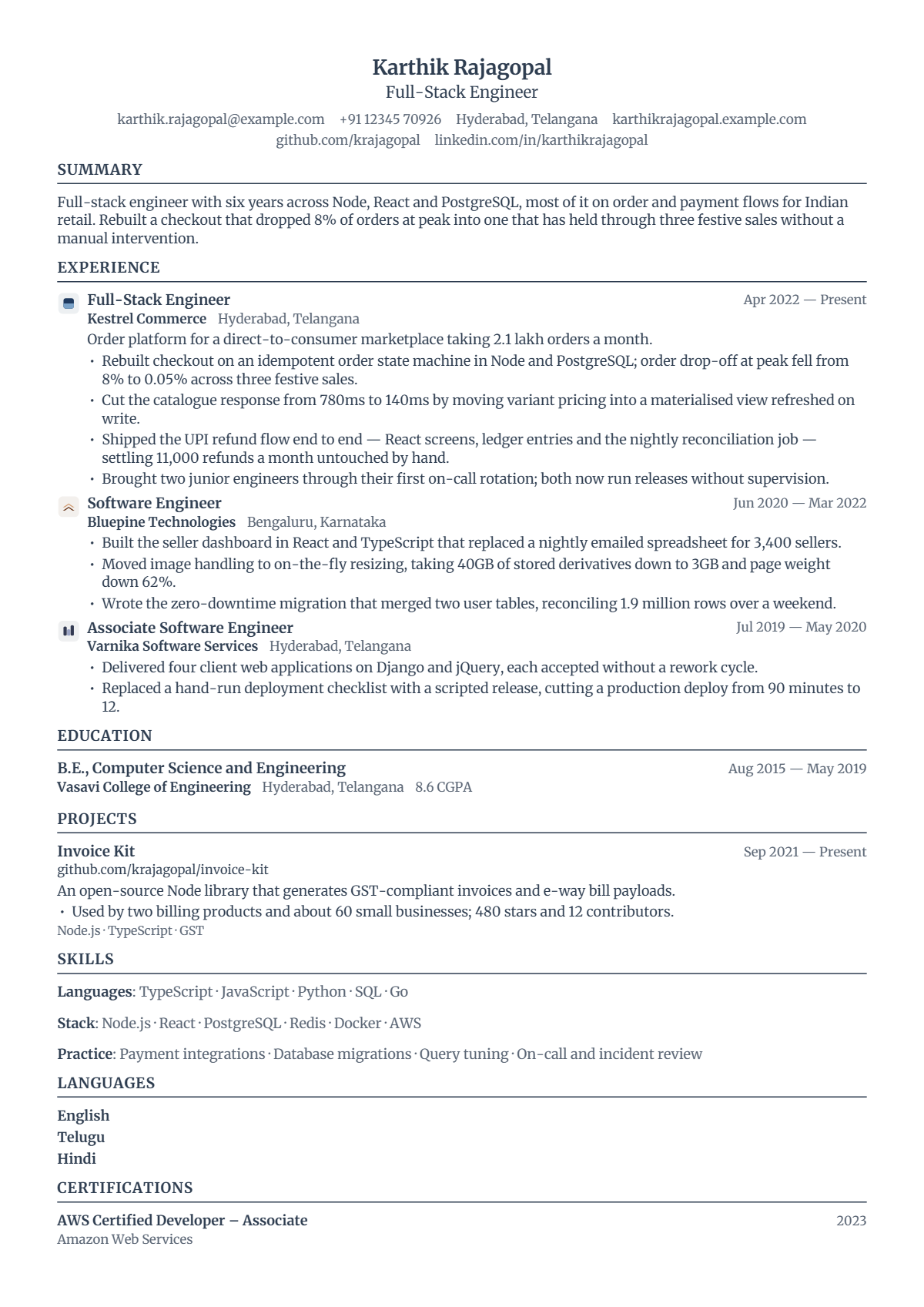 Full-Stack Engineer résumé example — mid level, written for India, set in the Quire design