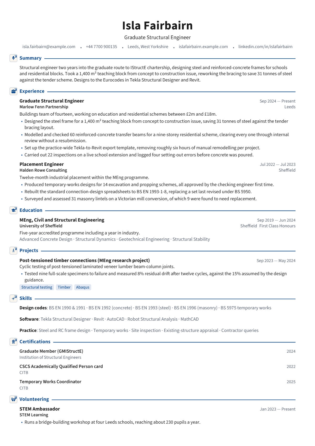 Graduate Structural Engineer résumé example — entry level, written for United Kingdom, set in the Cambridge design
