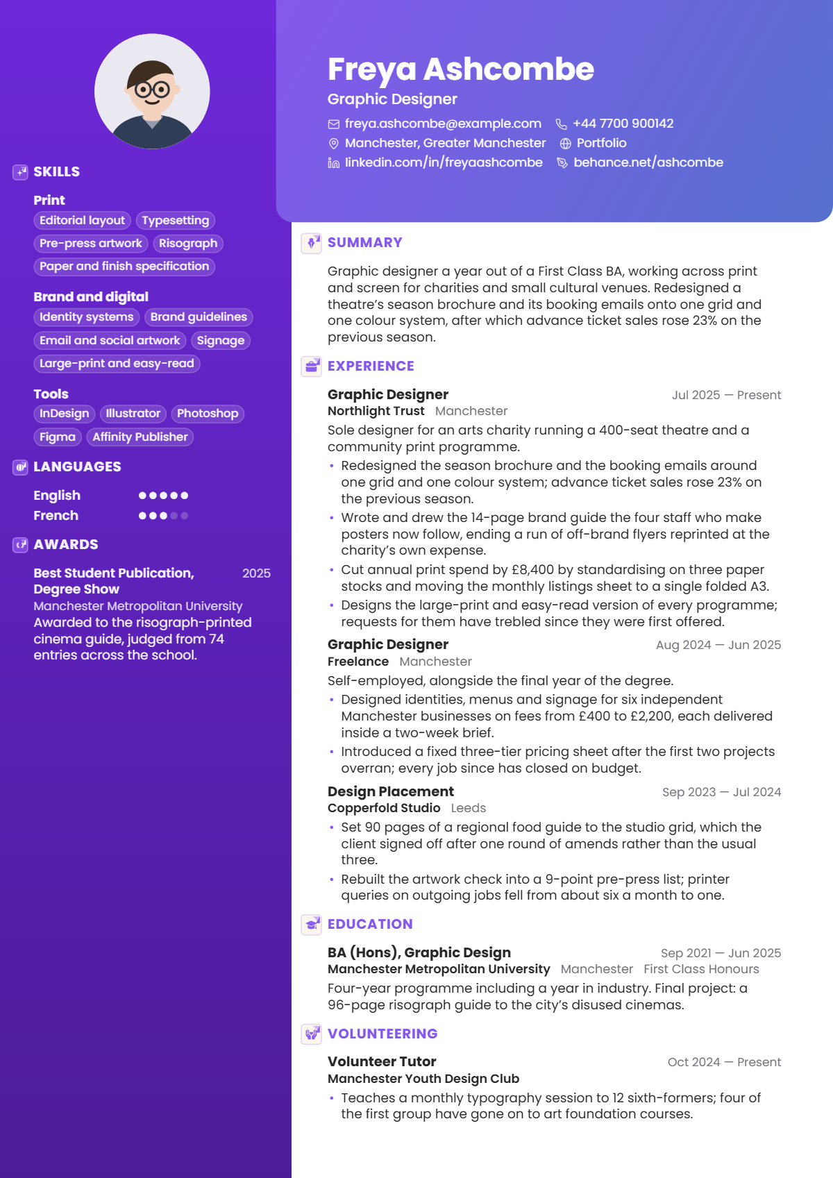 Graphic Designer résumé example — entry level, written for United Kingdom, set in the Nova design