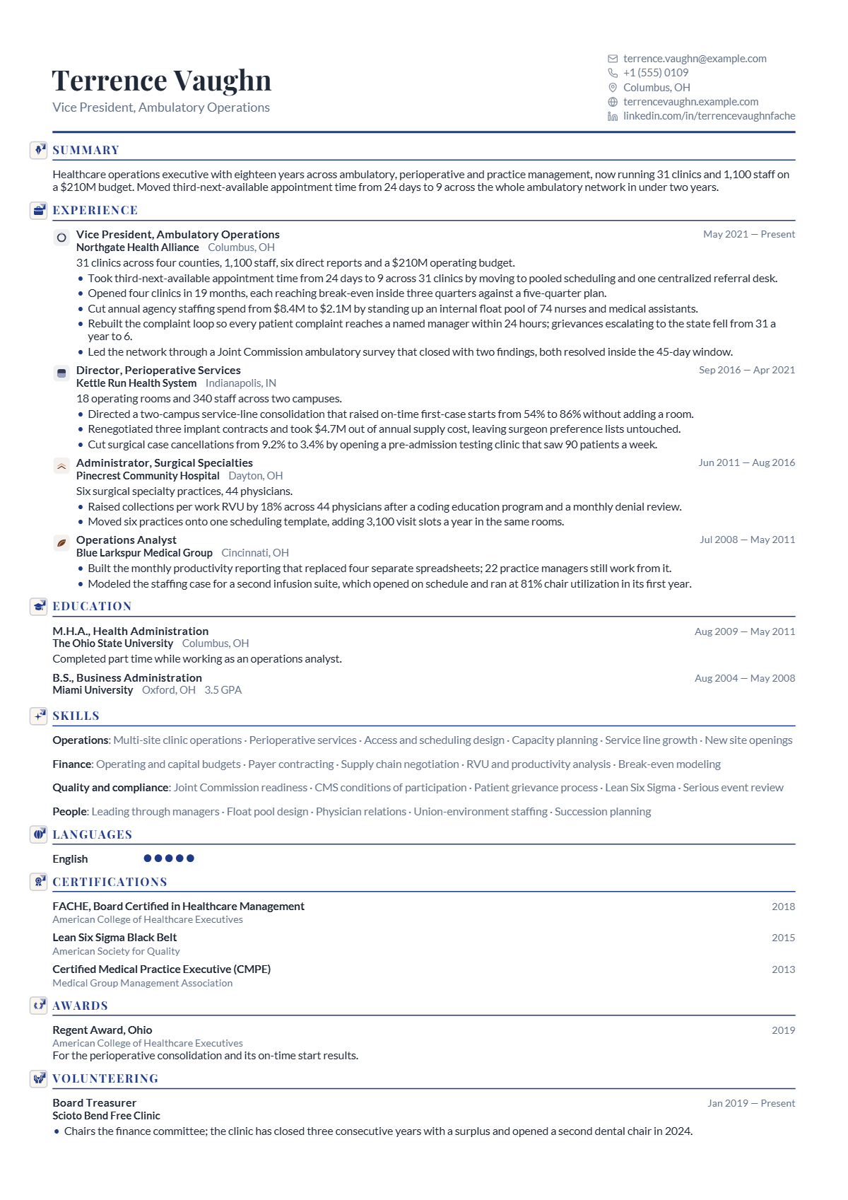 Healthcare Administrator (VP, Ambulatory Operations) résumé example — lead & above, written for United States, set in the Mercury design