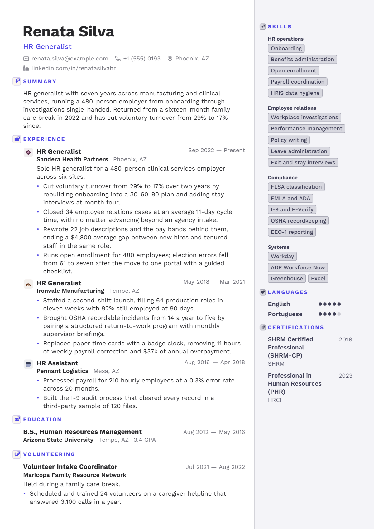 HR Generalist résumé example — mid level, written for United States, set in the Linen design