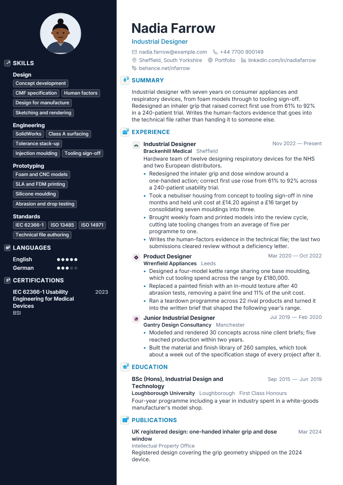 Industrial Designer résumé example — mid level, written for United Kingdom, set in the Portrait design