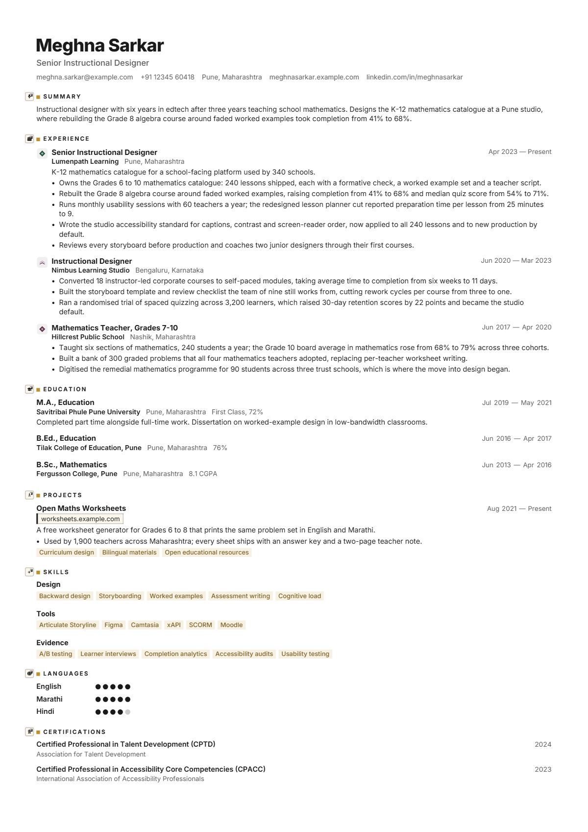 Instructional Designer résumé example — mid level, written for India, set in the Swiss Aurum design