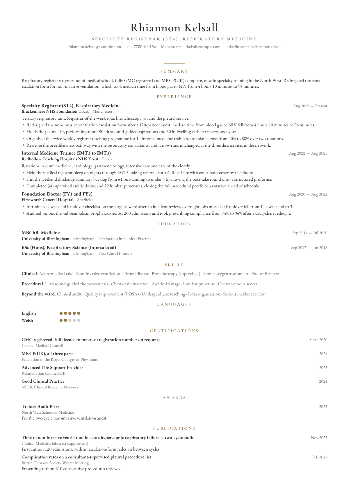 Internal Medicine Registrar (Respiratory) résumé example — mid level, written for United Kingdom, set in the Lumière design