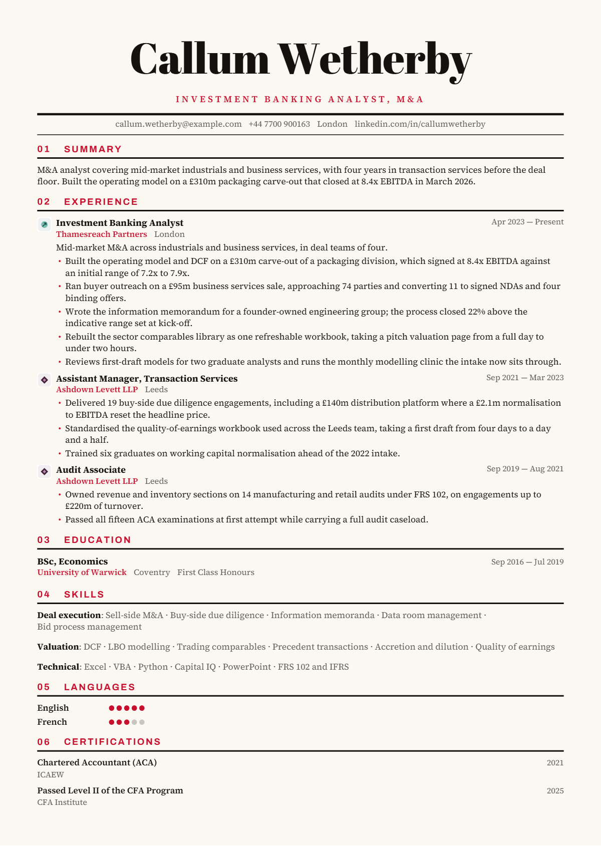 Investment Banking Analyst résumé example — mid level, written for United Kingdom, set in the Broadsheet design