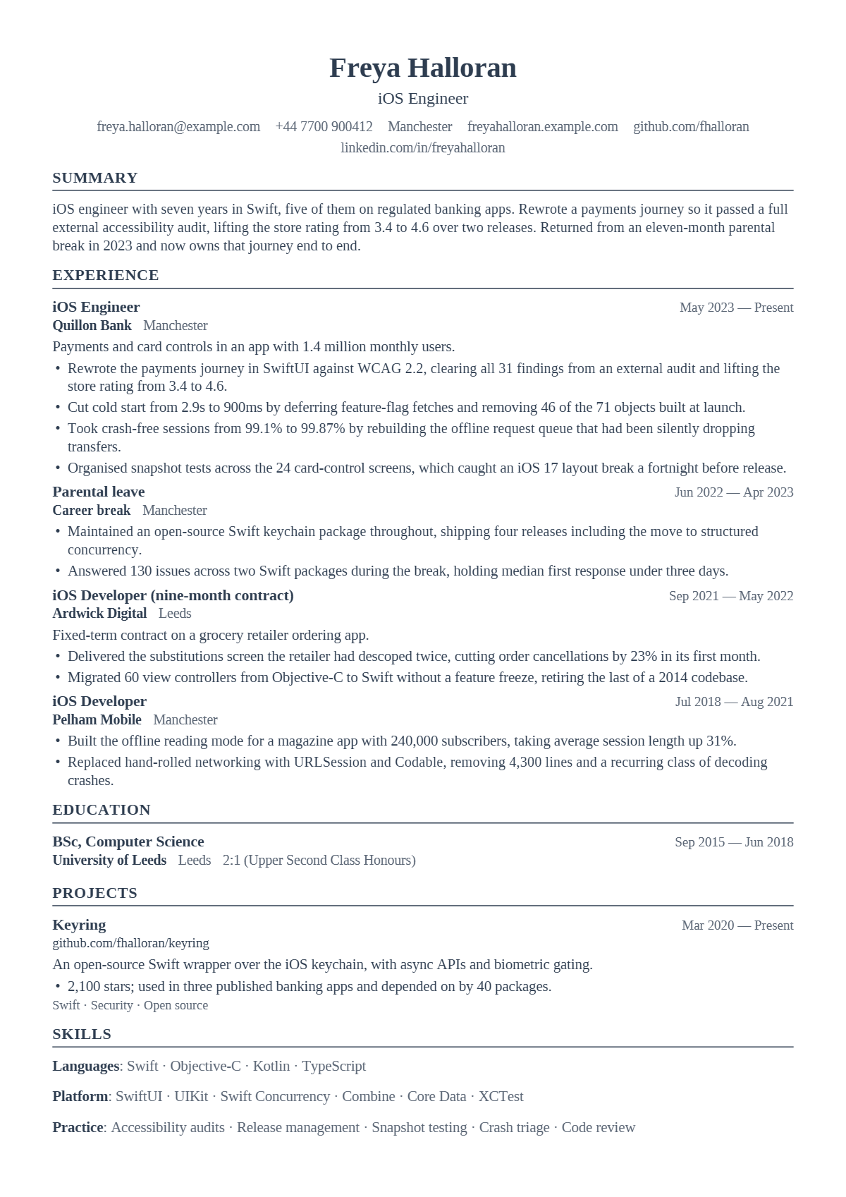 iOS Engineer résumé example — mid level, written for United Kingdom, set in the Scribe design