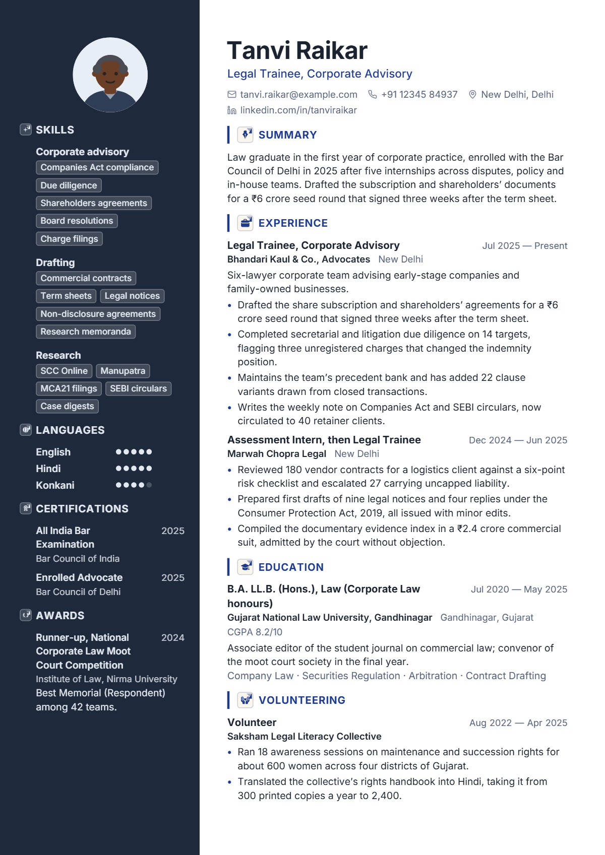 Legal Trainee résumé example — entry level, written for India, set in the Sapphire design