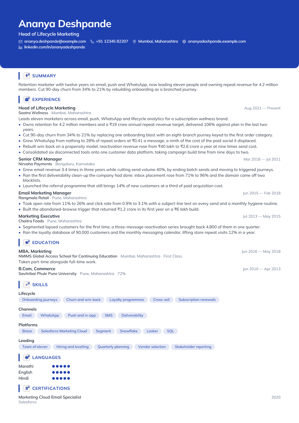 Head of Lifecycle Marketing résumé example — lead & above, written for India, set in the Cobalt design