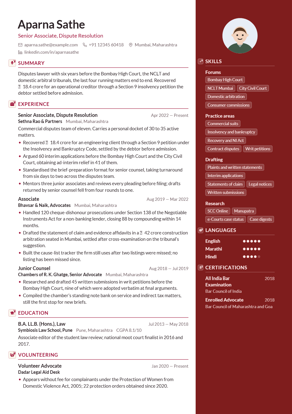 Litigation Associate résumé example — mid level, written for India, set in the Garnet design