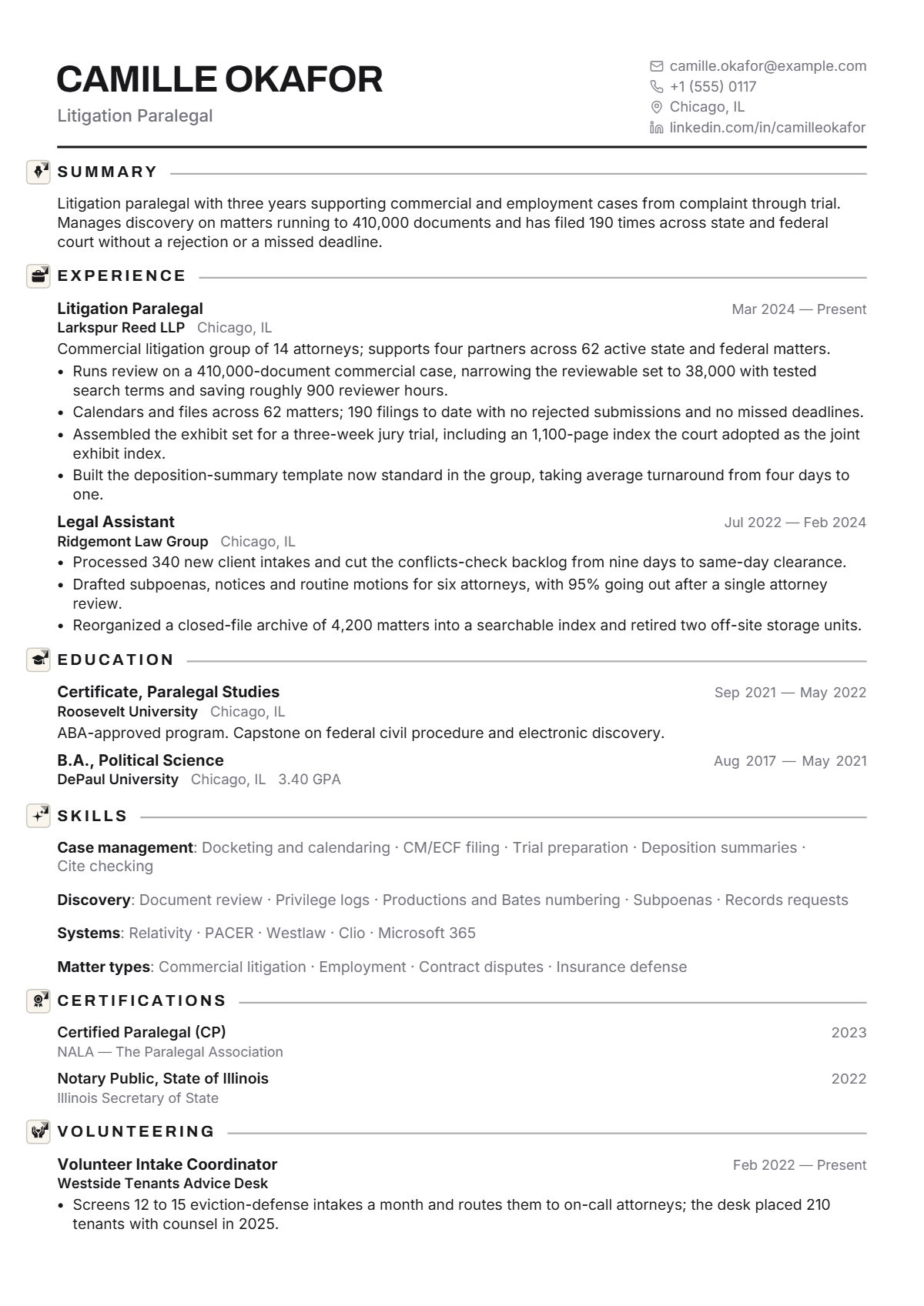 Litigation Paralegal résumé example — entry level, written for United States, set in the Onyx design
