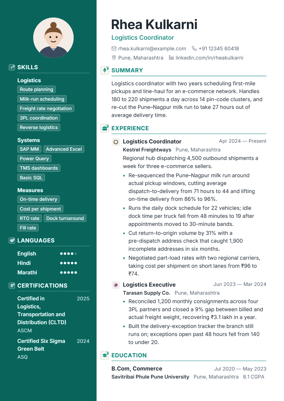 Logistics Coordinator résumé example — entry level, written for India, set in the Cascade design