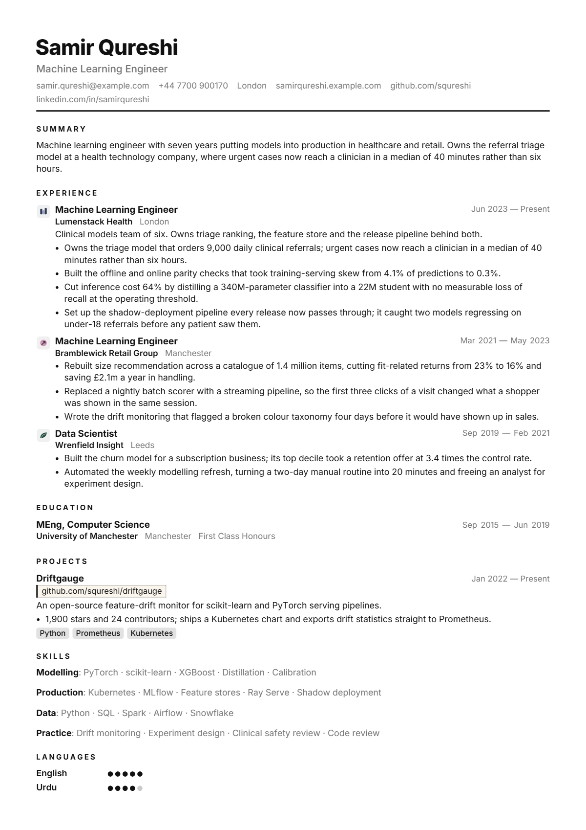 Machine Learning Engineer résumé example — mid level, written for United Kingdom, set in the Mono design