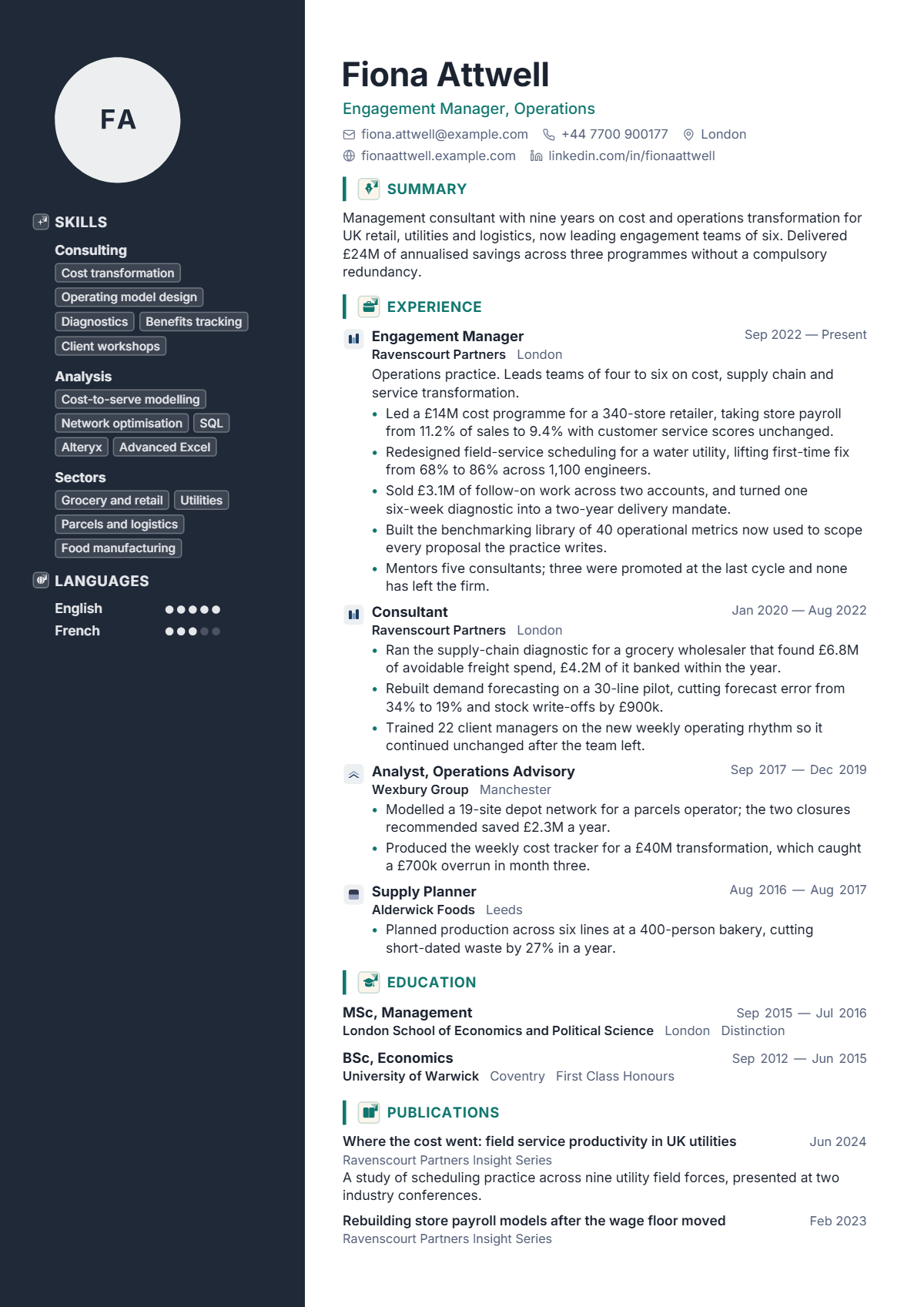 Management Consultant résumé example — senior, written for United Kingdom, set in the Pinnacle design