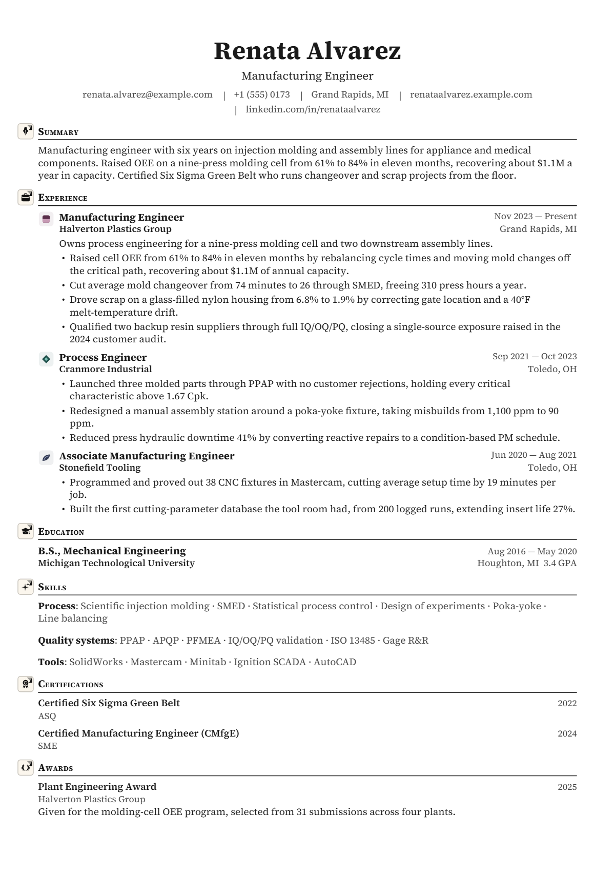 Manufacturing Engineer résumé example — mid level, written for United States, set in the Vector design