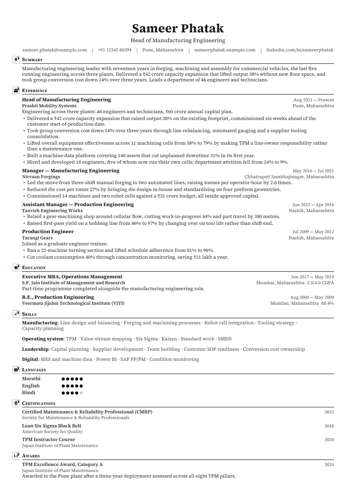 Manufacturing Engineering Manager résumé example — lead & above, written for India, set in the Vector design