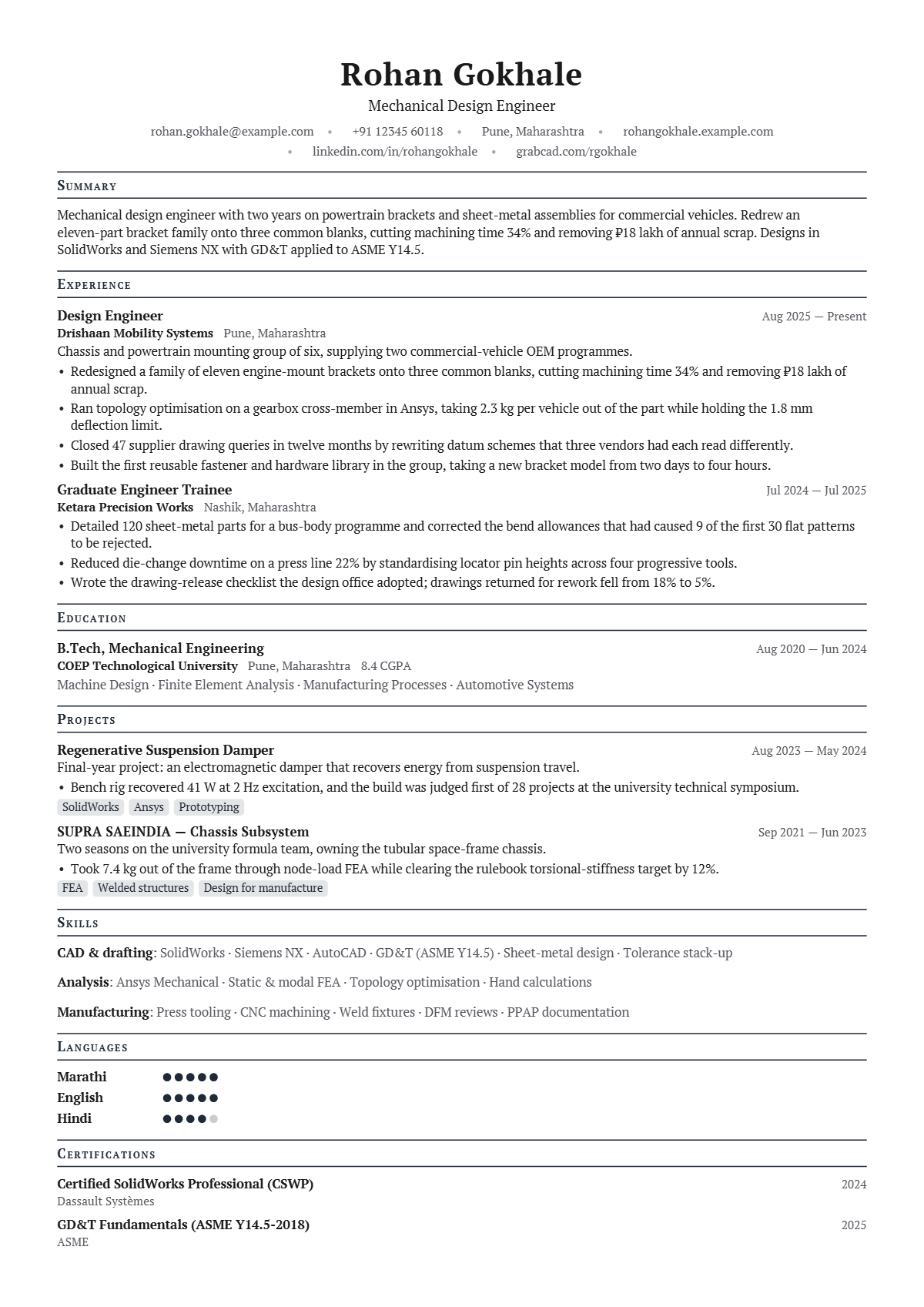 Mechanical Design Engineer résumé example — entry level, written for India, set in the Oxford design