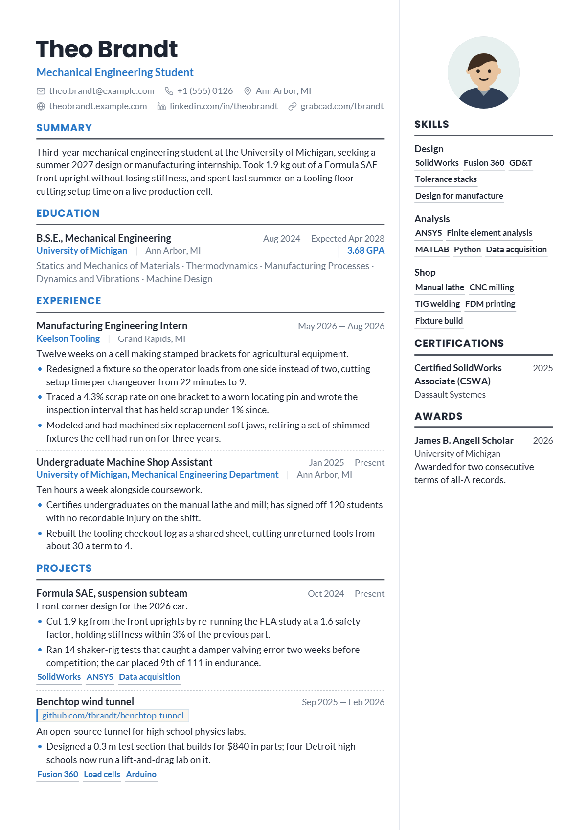 Mechanical Engineering Intern résumé example — student, written for United States, set in the Clarity design