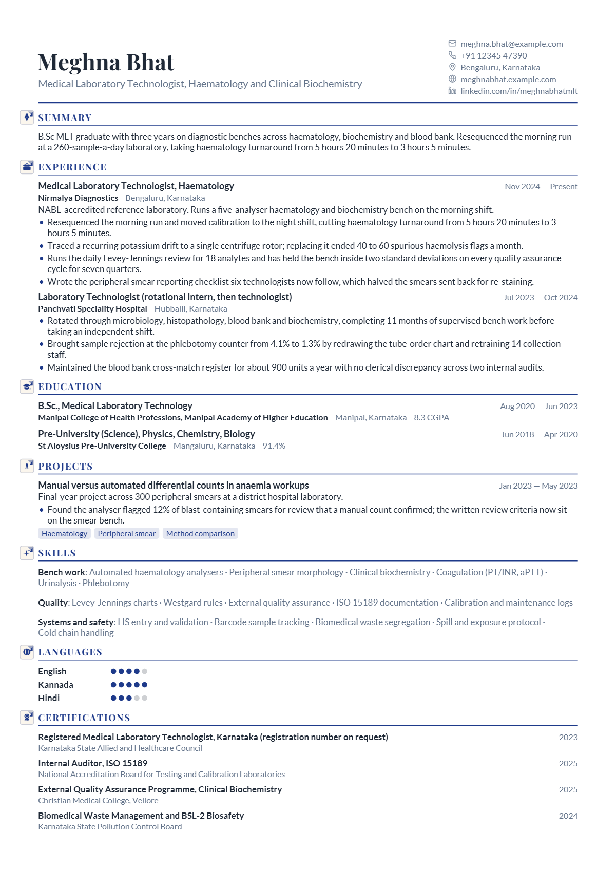 Medical Laboratory Technologist résumé example — entry level, written for India, set in the Mercury design