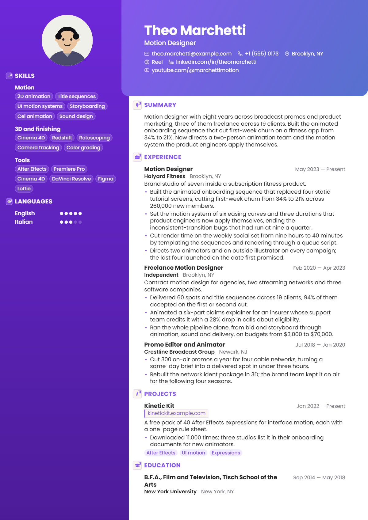 Motion Designer résumé example — mid level, written for United States, set in the Nova design