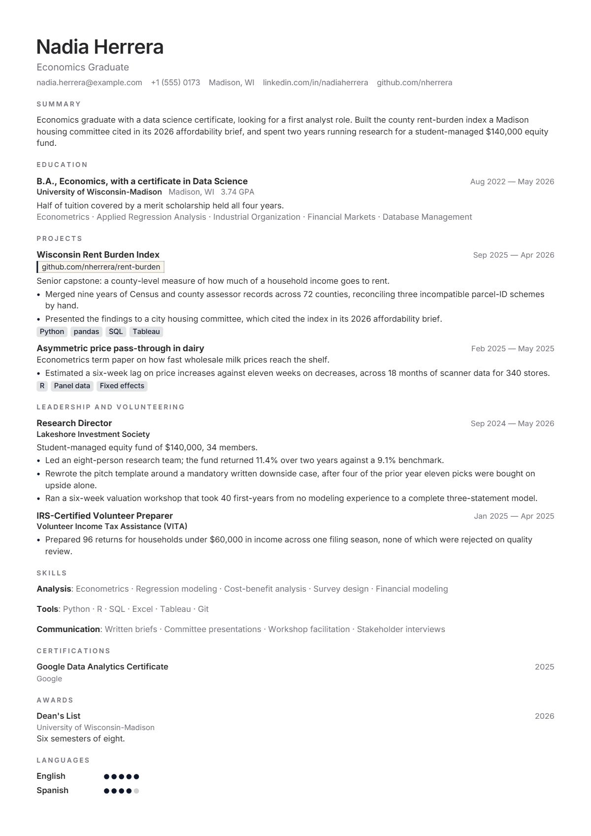 Entry-Level Business Analyst résumé example — entry level, written for United States, set in the Frost design